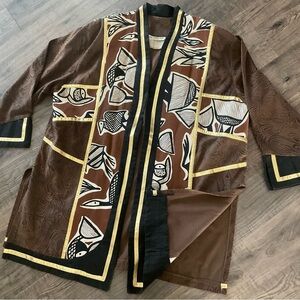 Vintage open front coat, brown, black, gold, 3X, bohemian print (?)